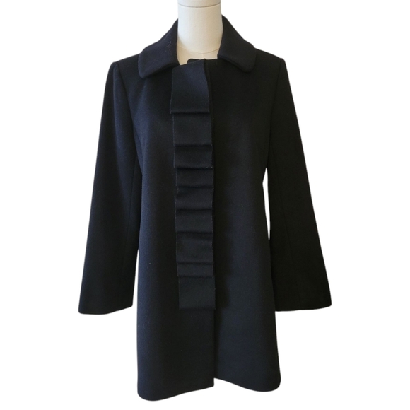J. Crew Black Wool Ruffle Front Coat Size 8 Petite - Picture 2 of 6